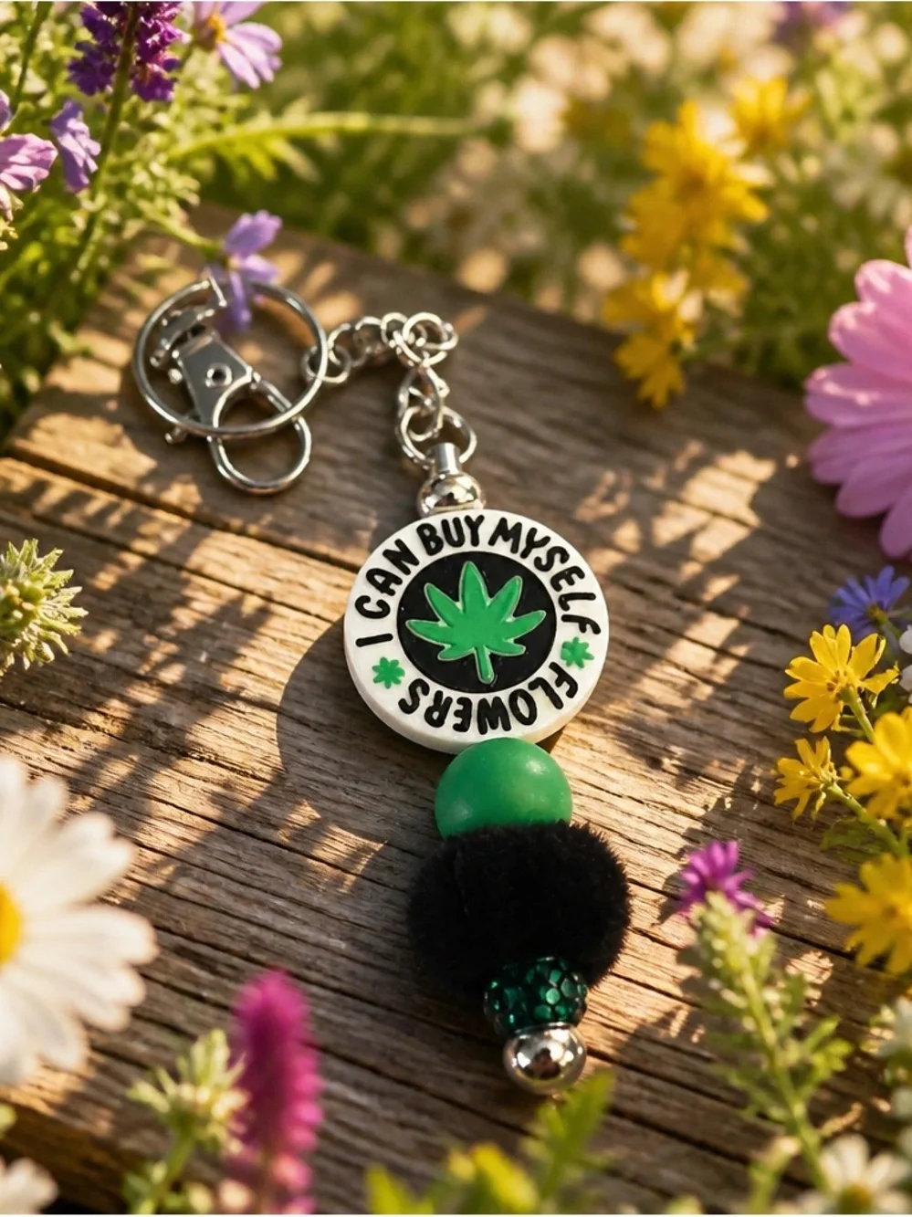 Green Leaf Motif Keychain Charm - I Can Buy Myself Flowers